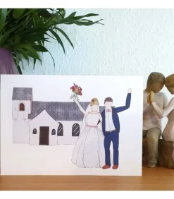 Bryllupstelegram, Brudepar foran kirke, A5 dobbeltkort m. kuvert