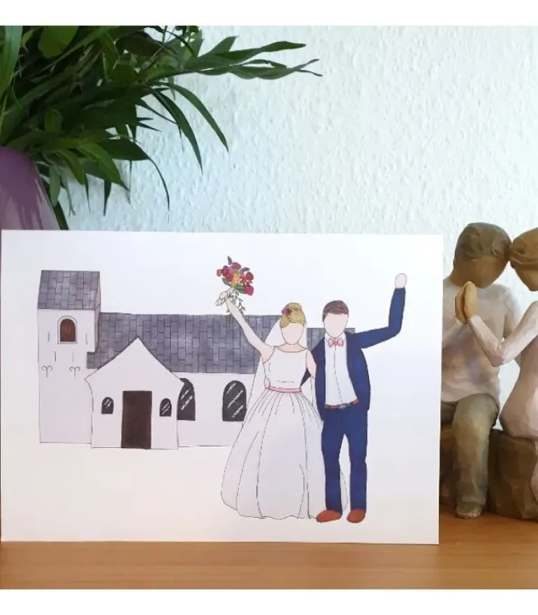 Bryllupstelegram, Brudepar foran kirke, A5 dobbeltkort m. kuvert
