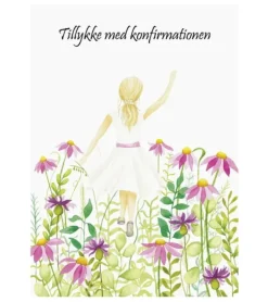 Dobbeltkort, Konfirmationskort m pige i blomstermark, A6