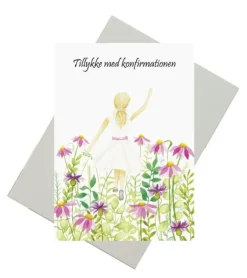 Dobbeltkort, Konfirmationskort m pige i blomstermark, A6