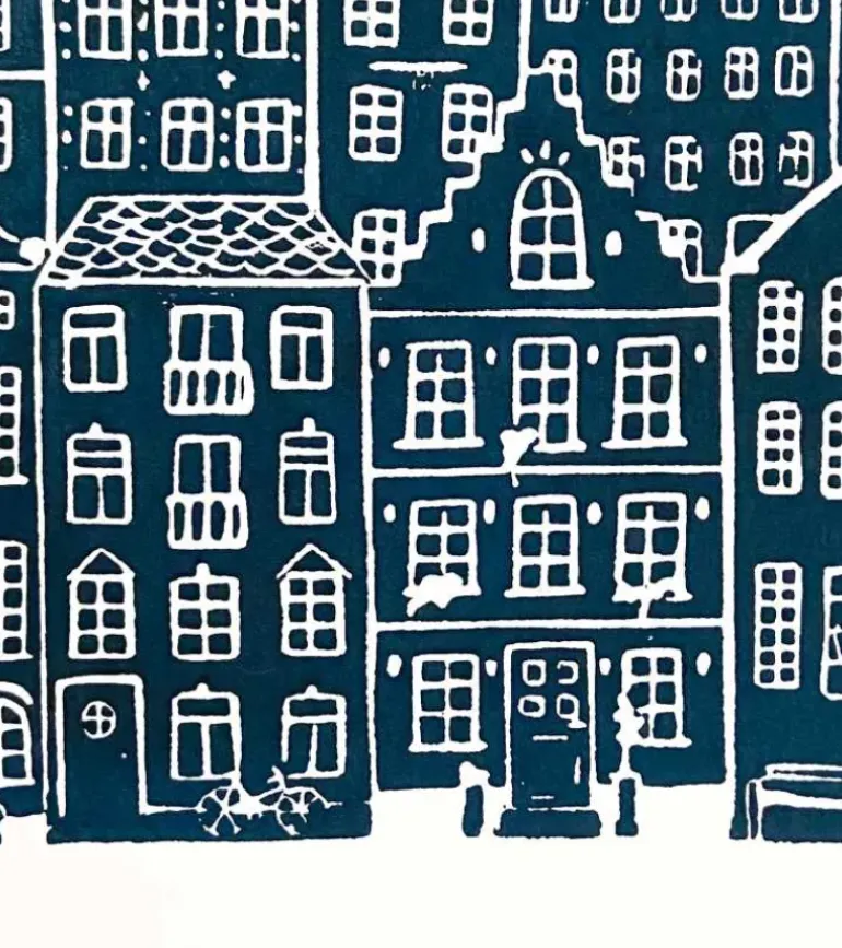 Linoleumstryk: I min faders hus er der mange boliger, A3 Plakat, Mørkeblå