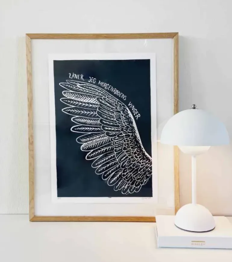 Linoleumstryk: Morgenrødens vinger, A3 Plakat, Mørkeblå