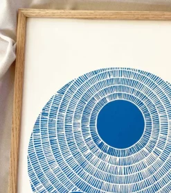 Linoleumstryk, Se nu stiger solen, Blå, A3 Plakat