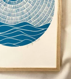 Linoleumstryk, Se nu stiger solen, Blå, A3 Plakat