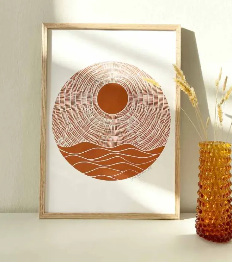 Linoleumstryk, Se nu stiger solen, Okker, A3 Plakat
