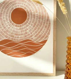 Linoleumstryk, Se nu stiger solen, Okker, A3 Plakat