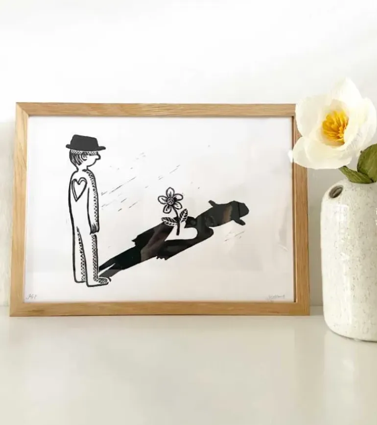 Linoleumstryk: Sorgblomst, A4 Plakat, Sort