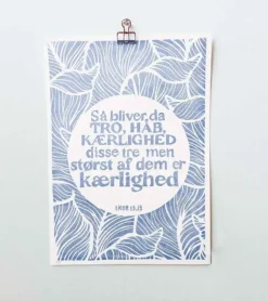 Linoleumstryk: Tro, Håb og Kærlighed, A3 Plakat, Blå