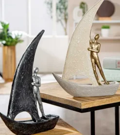 Skulptur, Båd med menneske, Lys, 29 cm