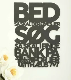 Træskilt, Bibelvers: Bed og Søg, Sort MDF